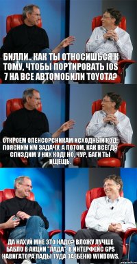 Билли.. как ты относишься к тому, чтобы портировать iOS 7 на все автомобили Toyota? Откроем опенсорсникам исходный код, поясним им задачу, а потом, как всегда спиздим у них код! Но, чур, баги ты ищещь. Да нахуй мне это надо? Вложу лучше бабло в акции "Лада". В интерфейс GPS навигатора лады туда заебеню Windows.