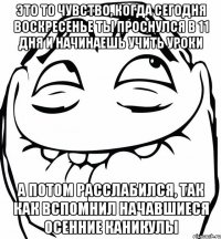 это то чувство, когда сегодня воскресенье ты проснулся в 11 дня и начинаешь учить уроки а потом расслабился, так как вспомнил начавшиеся осенние каникулы