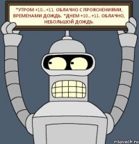 *Утром +10…+11. Облачно с прояснениями, временами дождь. *Днем +10…+11. Облачно, небольшой дождь.