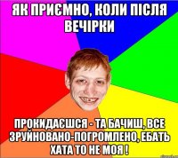 як приємно, коли після вечірки прокидаєшся - та бачиш, все зруйновано-погромлено, ебать хата то не моя !