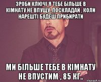 зроби ключі я тебе більше в кімнату не впущу ,поскладай , коли нарешті будеш прибирати ми більше тебе в кімнату не впустим , 85 кг..