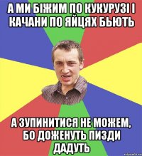 а ми біжим по кукурузі і качани по яйцях бьють а зупинитися не можем, бо доженуть пизди дадуть