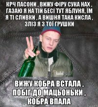 крч пасони , вижу фіру сука нах , газаю я на тій бесі тут яблуня, їм я ті сливки , а вишня така кисла , зліз я з тої грушки вижу кобра встала , побіг до мацьоньки , кобра впала