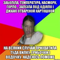 Заболіла. Температура, насморк, горло... Залізла под одіяло і дихаю отвареной картошкой На всякий случай прихватила туда вилку, грибочки і водочку. надєюсь поможе