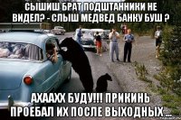 сышиш брат подштанники не видел? - слыш медвед банку буш ? ахаахх буду!!! Прикинь проебал их после выходных ...