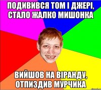 подивився том і джері, стало жалко мишонка вийшов на віранду, отпиздив мурчика