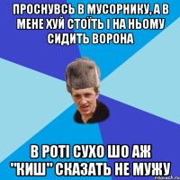 ПРОСНУВСЬ В МУСОРНИКУ, А В МЕНЕ ХУЙ СТОЇТЬ І НА НЬОМУ СИДИТЬ ВОРОНА В РОТІ СУХО ШО АЖ "КИШ" СКАЗАТЬ НЕ МУЖУ