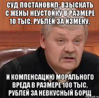 Суд постановил: взыскать с жены неустойку в размере 10 тыс. рублей за измену, И компенсацию морального вреда в размере 100 тыс. рублей за невкусный борщ