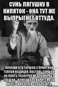 Сунь лягушку в кипяток - она тут же выпрыгнет оттуда. Положи ее в горшок с приятной теплой водицей, поставь горшок на плиту, разогрей медленно, без спешки - и лягушка сварится, так ничего и не успев сообразить.