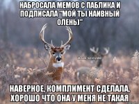 НАБРОСАЛА МЕМОВ С ПАБЛИКА И ПОДПИСАЛА "МОЙ ТЫ НАИВНЫЙ ОЛЕНЬ)" НАВЕРНОЕ, КОМПЛИМЕНТ СДЕЛАЛА, ХОРОШО ЧТО ОНА У МЕНЯ НЕ ТАКАЯ