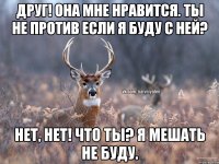 ДРУГ! ОНА МНЕ НРАВИТСЯ. ТЫ НЕ ПРОТИВ ЕСЛИ Я БУДУ С НЕЙ? НЕТ, НЕТ! ЧТО ТЫ? Я МЕШАТЬ НЕ БУДУ.