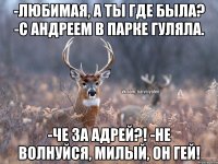 -Любимая, а ты где была? -С Андреем в парке гуляла. -Че за Адрей?! -Не волнуйся, милый, он гей!