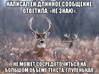 Написал ей длинное сообщение. Ответила: «не знаю». Не может сосредоточиться на большом объеме текста, глупенькая.