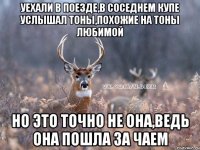 уехали в поезде,в соседнем купе услышал тоны,похожие на тоны любимой но это точно не она,ведь она пошла за чаем