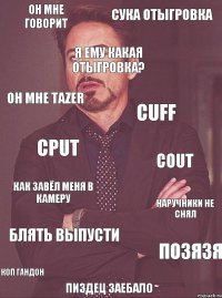 Он мне говорит я ему какая отыгровка? сука отыгровка Он мне tazer cuff cput cout как завёл меня в камеру наручники не снял блять выпусти позязя ПИЗДЕЦ ЗАЕБАЛО КОП ГАНДОН