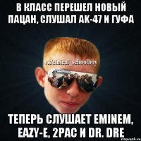 В класс перешел новый пацан, слушал Ak-47 и гуфа Теперь слушает eminem, Eazy-E, 2pac и Dr. Dre