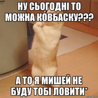 ну сьогодні то можна ковбаску??? а то я мишей не буду тобі ловити*