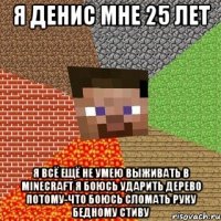 я денис мне 25 лет я всё ещё не умею выживать в minecraft я боюсь ударить дерево потому-что боюсь сломать руку бедному стиву