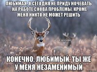 Любимая, я сегодня не приду ночевать , на работе снова проблемы, кроме меня никто не может решить Конечно, любимый, ты же у меня незаменимый