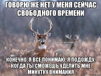 говорю же нет у меня сейчас свободного времени конечно, я все понимаю, я подожду, когда ты сможешь уделить мне минутку внимания