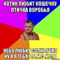 Котик любит кошечку птичка воробья небо любит солнышко ну а я тебя P.S..Н.С .Н.С.В