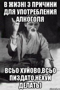 в жизні 3 причини для употребления алкоголя всьо хуйово,всьо пиздато,нехуй делать)