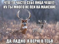 Что-то часто себе яйца чешут. Ну ты много не пей на майские Да, ладно, я верю в тебя