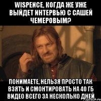 Wispence, когда же уже выйдет интервью с Сашей Чемеровым? Понимаете, нельзя просто так взять и смонтировать на 40 Гб видео всего за несколько дней