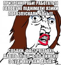 призренні раби! работать! і голову не піднімати! язики порозпускали, бл**ь!!! собаки, фас! рвіть їх! давіть їх! бл**ь!бо вижену з буди яку вам дала!