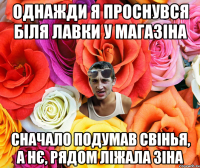 однажди я проснувся біля лавки у магазіна сначало подумав свінья, а нє, рядом ліжала зіна