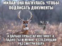 Милая, она нагнулась, чтобы подписать документы А дальше сработал инстинкт. А, ладно, ты ж мужиг. В следующий раз смотри вверх