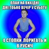 План на вихідні дні:тобно вечір у суботу 4 стопки ,поригать и в Русич