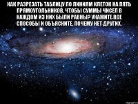 Как разрезать таблицу по линиям клеток на пять прямоугольников, чтобы суммы чисел в каждом из них были равны? Укажите все способы и объясните, почему нет других. 