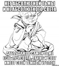 Нет абсолютной тьмы и не абсолютного света Дабы даже в самой тьме есть луч света , также и свет имеет свой темный уголок