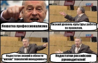 Нехватка профессионализма Низкий уровень культуры работы по правилам. Недостаток знаний в области "мягких" технологий менеджмента Недостатки российских руководителей!