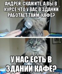 Андрей, скажите, а вы в курсе что у вас в здании работает тайм-кафе? У нас есть в здании кафе?