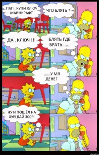 Пап , купи ключ майнкрафт Что блять ? Да , ключ !!! Блять где брать ..... ......У мя денег Ну и пошёл на хуй дай 300р.