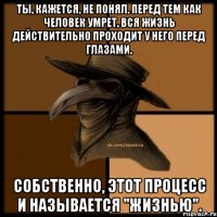 ТЫ, КАЖЕТСЯ, НЕ ПОНЯЛ. ПЕРЕД ТЕМ КАК ЧЕЛОВЕК УМРЕТ, ВСЯ ЖИЗНЬ ДЕЙСТВИТЕЛЬНО ПРОХОДИТ У НЕГО ПЕРЕД ГЛАЗАМИ. СОБСТВЕННО, ЭТОТ ПРОЦЕСС И НАЗЫВАЕТСЯ "ЖИЗНЬЮ".