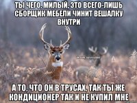 Ты чего, милый, это всего-лишь сборщик мебели чинит вешалку внутри а то, что он в трусах, так ты же кондиционер так и не купил мне