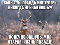 Вань а ты правда мне теперь никогда не изменишь?! Конечно Сашуль, моя старая жизнь позади!