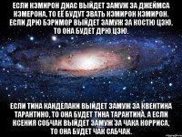 Если Кэмирон Диас выйдет замуж за Джеймса Кэмерона, то её будут звать Кэмирон Кэмирон. Если Дрю Бэримор выйдет замуж за Костю Цзю, то она будет Дрю Цзю. Если Тина Канделаки выйдет замуж за Квентина Тарантино, то она будет Тина Тарантина. А если Ксения Собчак выйдет замуж за Чака Норриса, то она будет Чак Сабчак.