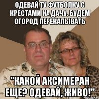 Одевай ту футболку с крестами на дачу, будем огород перекапывать "Какой Аксимеран еще? Одевай, живо!"