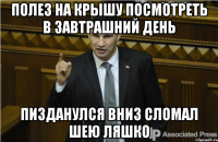 Полез на крышу посмотреть в завтрашний день Пизданулся вниз сломал шею Ляшко