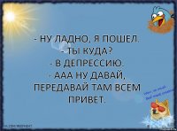 - Ну ладно, я пошел.
- Ты куда?
- В депрессию.
- ааа ну давай, передавай там всем привет.