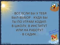 - Вот если бы у тебя был выбор - куда бы ты по утрам ходил: в школу, в институт или на работу?
- В садик...