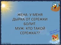 Жена: У меня дырка от серёжки болит.
Муж: Кто такой Серёжка??