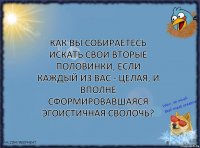 Как вы собираетесь искать свои вторые половинки, если каждый из вас - целая, и вполне сформировавшаяся эгоистичная сволочь?