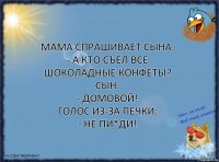 Мама спрашивает сына:
- А кто съел все шоколадные конфеты?
Сын:
- Домовой!
Голос из-за печки:
- Не пи*ди!