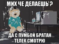 мих че делаешь ? да с пумбой братан телек смотрю