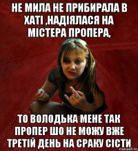 не мила не прибирала в хаті ,надіялася на містера пропера, то володька мене так пропер шо не можу вже третій день на сраку сісти